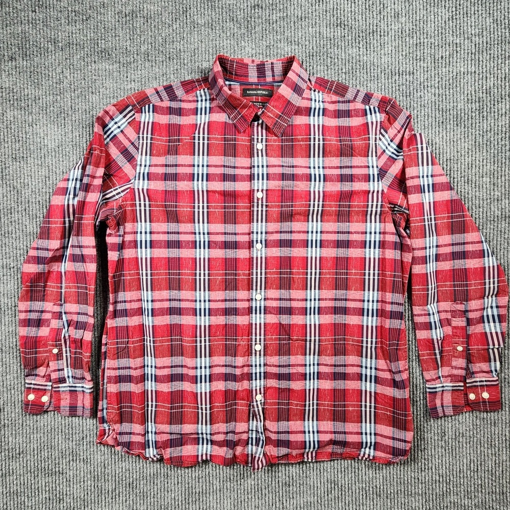 Banana Republic Linen Shirt Mens XL Red Plaid Button Up Long Sleeve Camden Fit